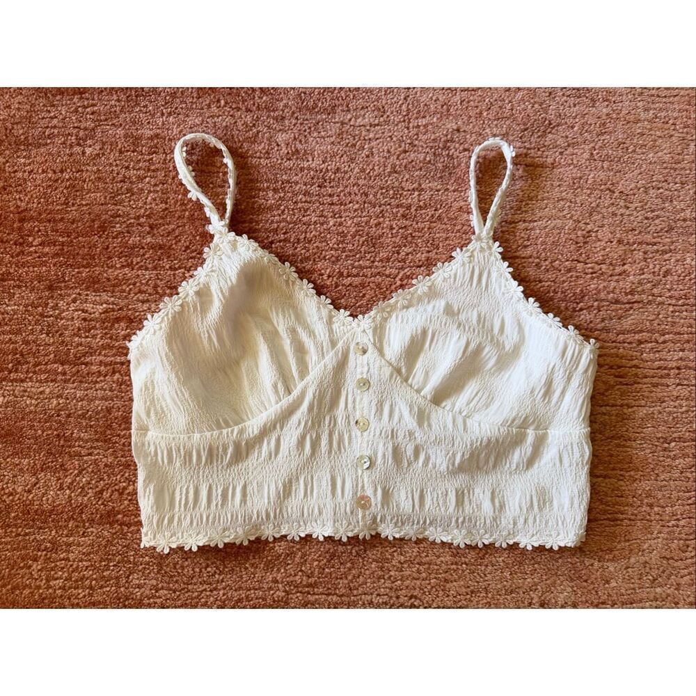 White Daisy Trim Smocked Crop Cami Top Button Front Coquette Cottagecore